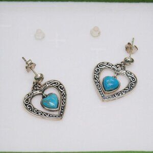 Genuine Turquoise Sterling Silver 925 Heart Scroll Dangle Earrings